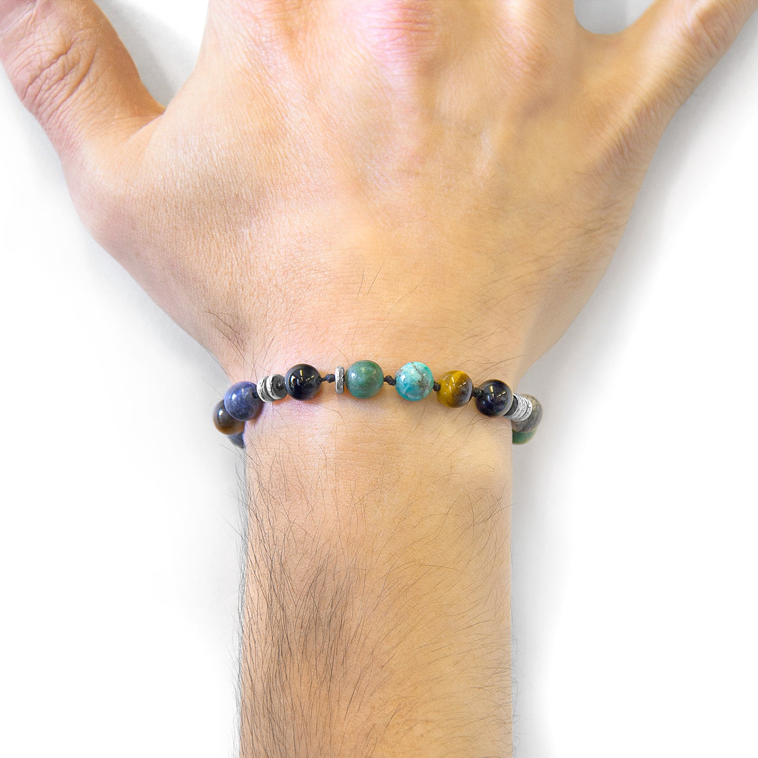 Multicoloured Multi-Gem Stone Beaded Macrame Bracelet with Sterling Silver Logo Cube - Jewelry & Watches - Bijou Her -  -  - 