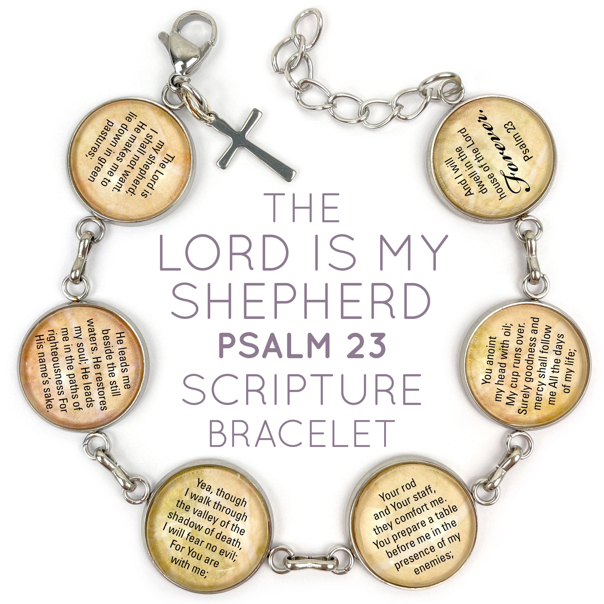 Psalm 23 Scripture Charm Bracelet - Handcrafted with Glass Charms and Dangling Cross - Bracelets - Bijou Her -  -  - 