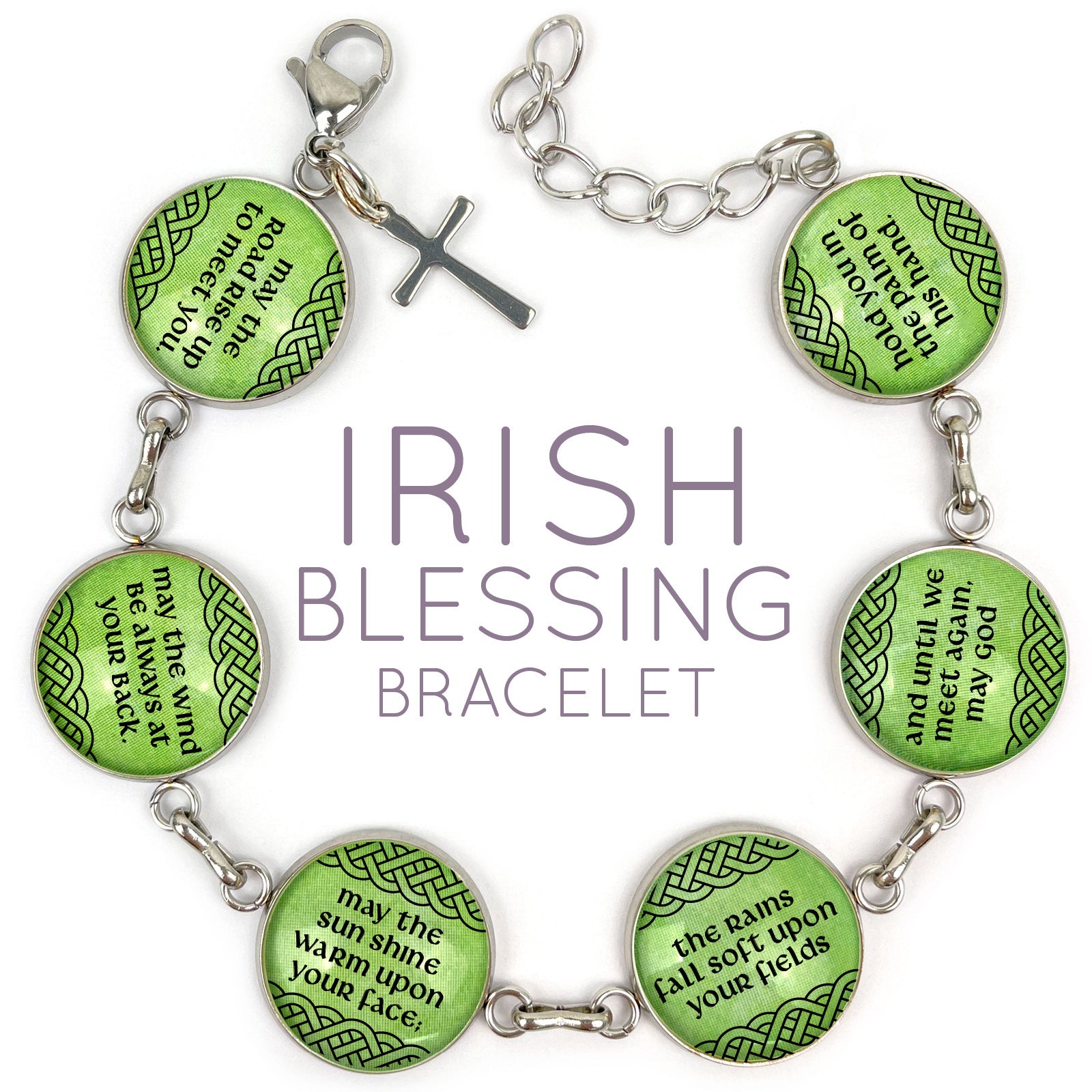 Irish Blessing Charm Bracelet - Stainless Steel or Silver-Plated with Green Glass Charms - Bracelets - Bijou Her -  -  - 