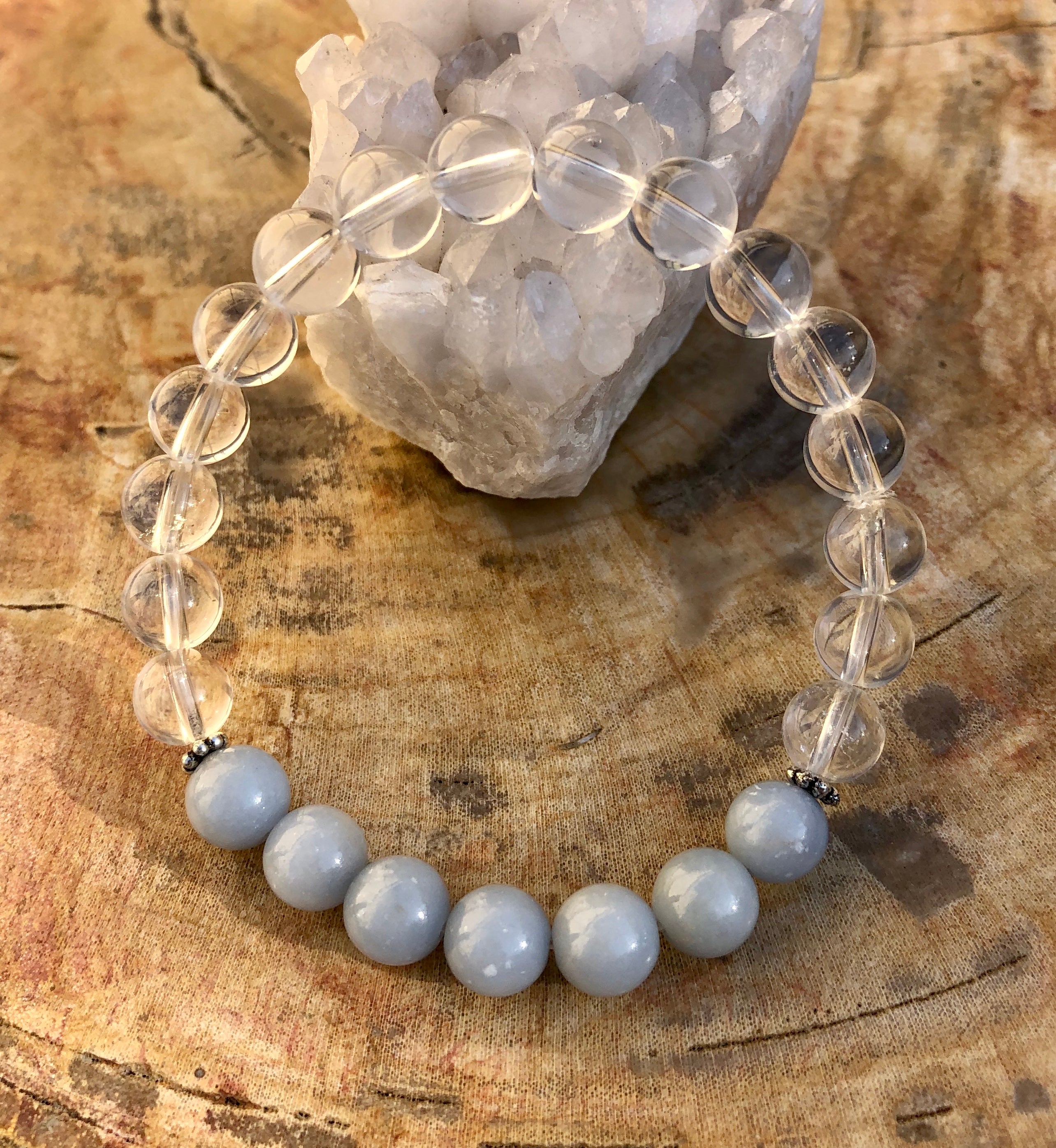 Spiritually Energizing Angelite Celestite & Crystal Quartz Bracelet - Handmade in USA with Premium Gemstones for Chakras - Bracelets - Bijou Her -  -  - 