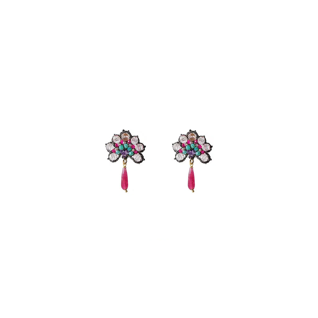 Handmade Tatting Lace Flower Earrings with Crystals - Ninfea Fuchsia - Earrings - Bijou Her -  -  - 