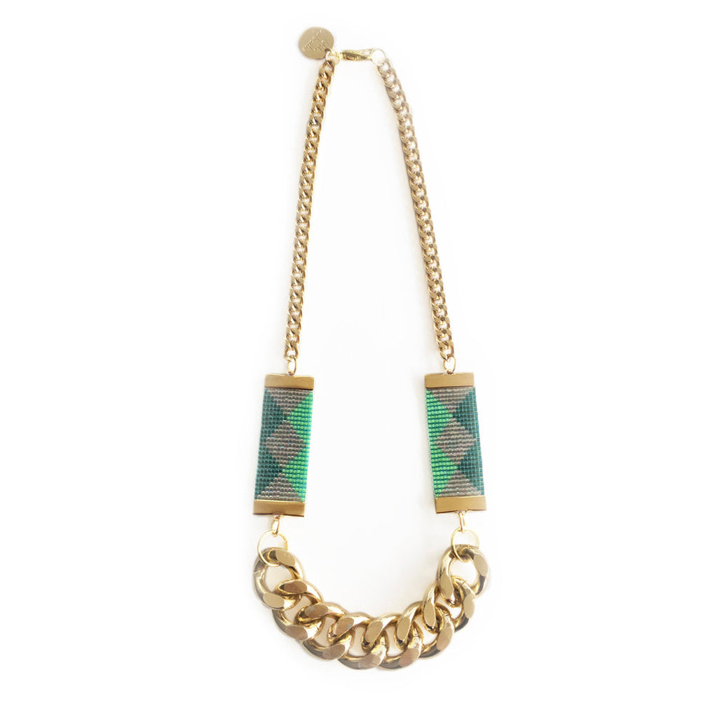 Handmade Festival Necklace - Pink/Green, 24K Gold Plated<p>Make a statement day or night with this beaded necklace!</p><p>Handwoven with traditional bead loom techniques, featuring 24K gold plated clamps, chunk - Necklaces - Bijou Her -  -  - 