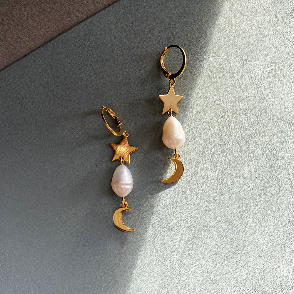 Night Sky Pearl Drop Earrings - Handmade Gold Moon and Star Jewelry by Shh by Sadie - Earrings - Bijou Her -  -  - 