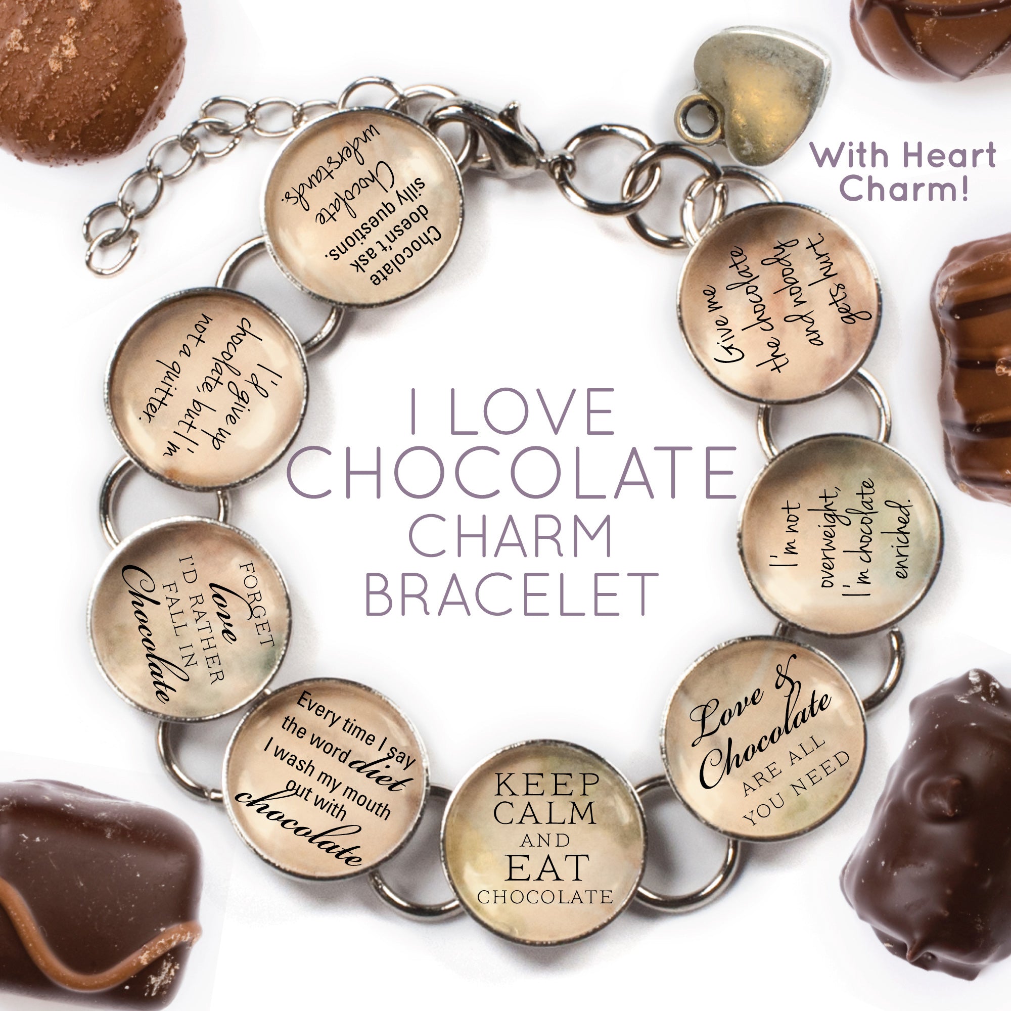 I Love Chocolate Custom Glass Charm Bracelet - Chocolate Lover's Gift - Bracelets - Bijou Her -  -  - 