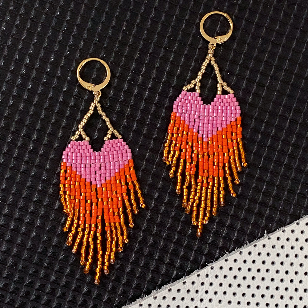 Handmade Heart Earrings - Pink & Orange Ombre Fringe, 24K Gold Plated Hoops - Earrings - Bijou Her -  -  - 