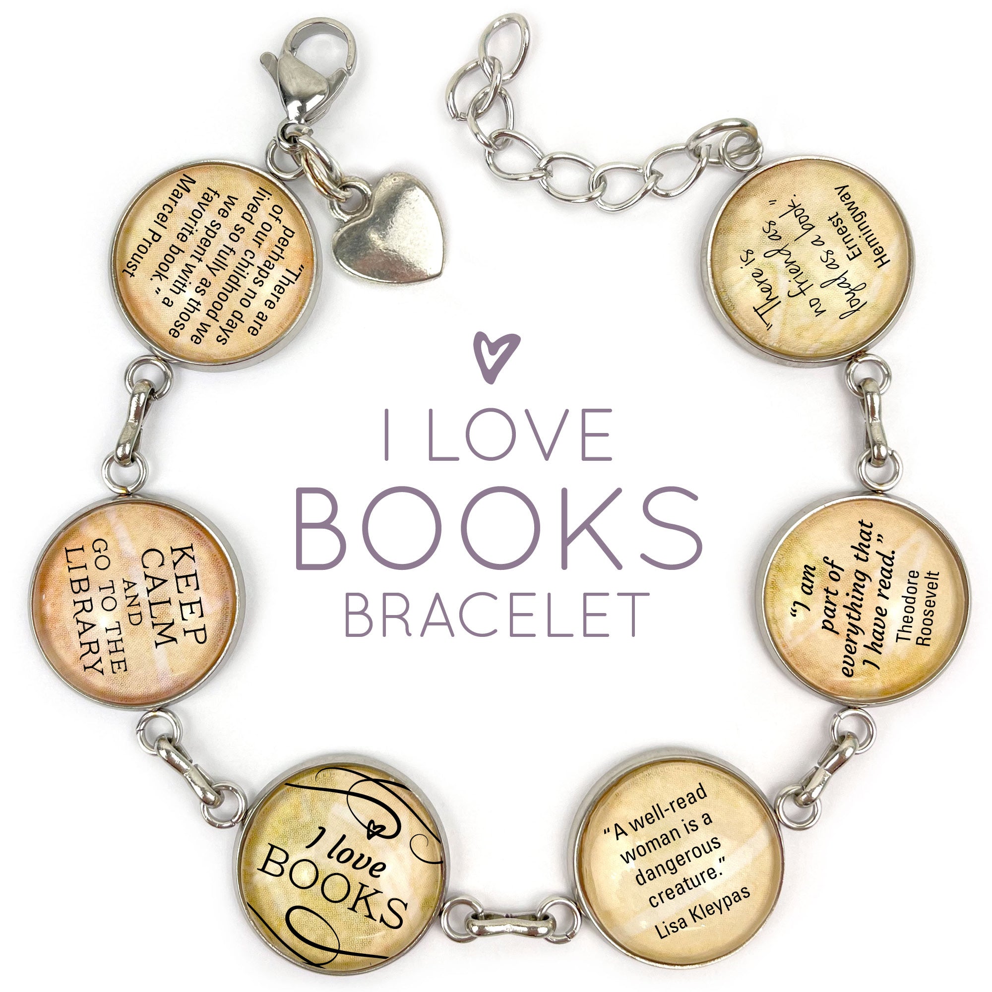 I Love Books Glass Charm Bracelet - Quotes from Famous Authors, Gift for Book Lovers - Bracelets - Bijou Her -  -  - 