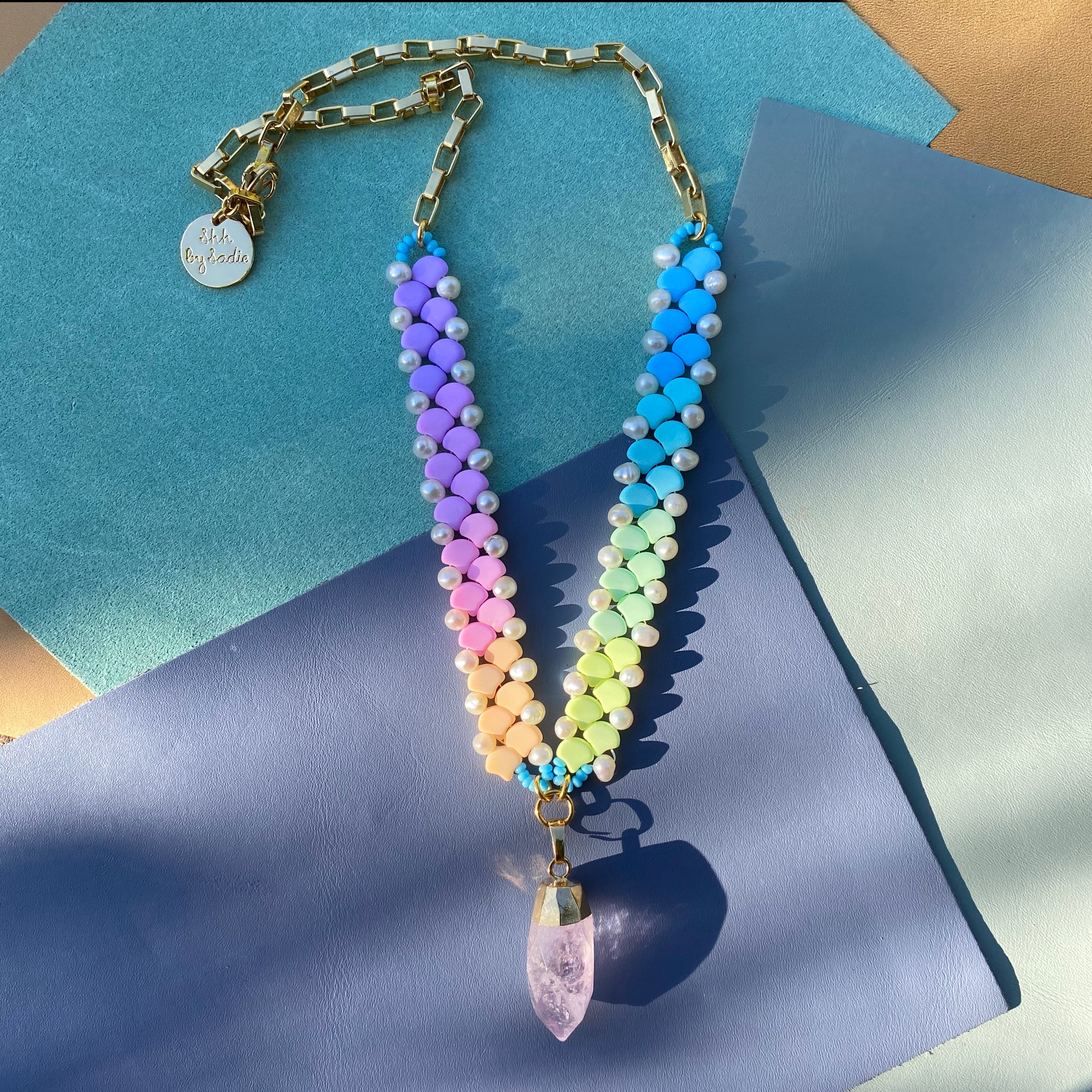 Pastel Rainbow Amethyst Pendant Necklace - Hand-Beaded with Freshwater Pearls and 24K Gold Plated Chain, Length 45cm. Properties of Amethyst Include Stress Relief and Inner Peace. - Necklaces - Bijou Her -  -  - 