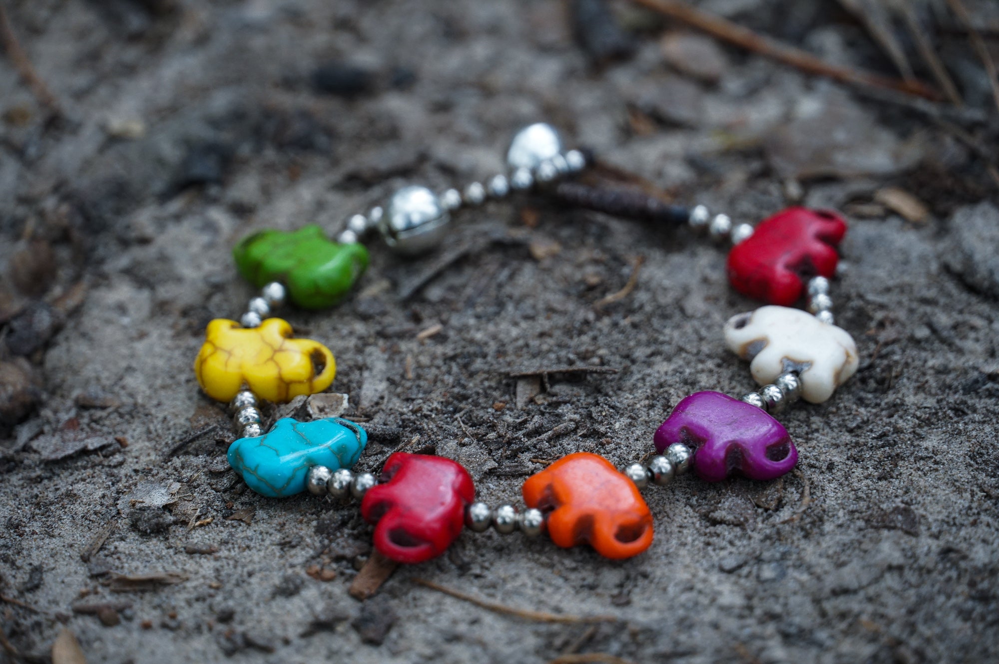 Handmade Silver Stone Elephant Bracelets - Boho/Hippie Theme - 20cm Length - Thai Artisan Crafted - Elephant Silver & Stones - Hook Closure - Cotton & Stainless Steel Materials - Bracelets - Bijou Her -  -  - 