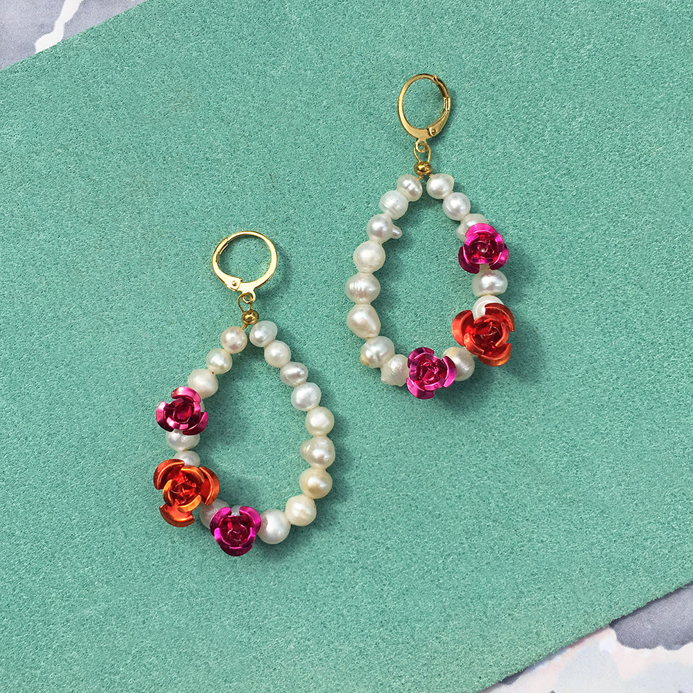 Rose Pearl Earrings and Necklace Set - Celebrity Style with Playful Metallic Roses - Necklaces - Bijou Her -  -  - 
