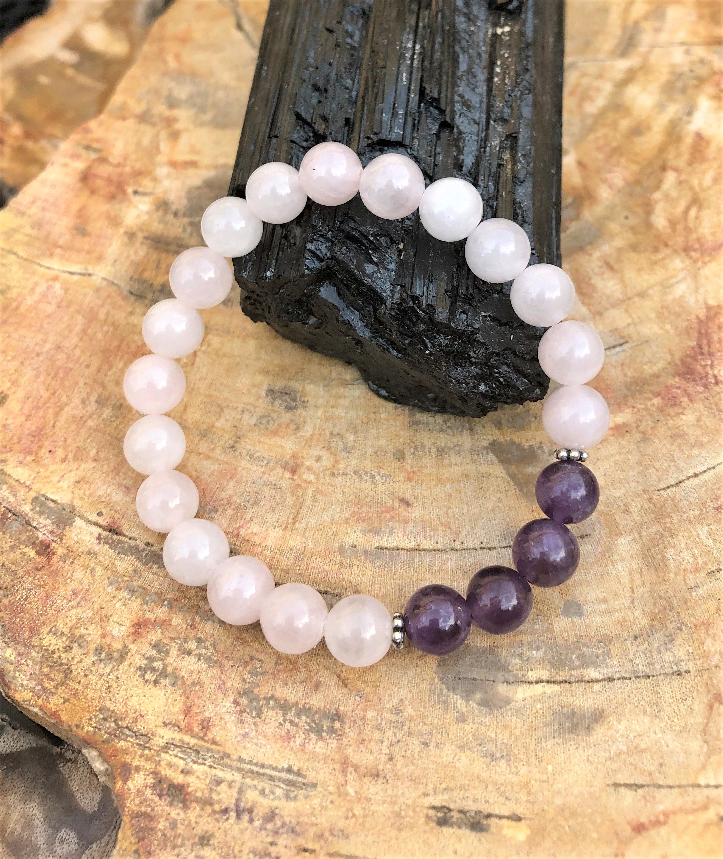 Rose Quartz & Amethyst Stretch Bracelet - Handmade in USA for Love, Healing & Psychic Protection - Bracelets - Bijou Her -  -  - 