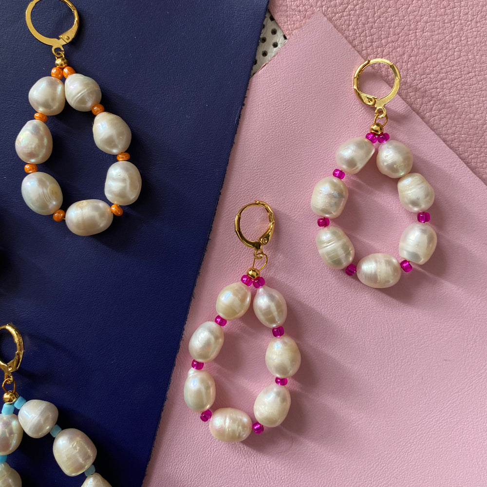 Handmade Freshwater Pearl Hoop Earrings with Pop of Color by Shh by Sadie - Statement Jewelry - Earrings - Bijou Her -  -  - 