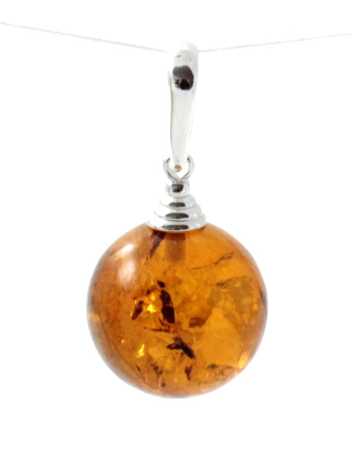 Small Round Baltic Amber Pendant - Cognac Brown Minimalist Jewelry with Sterling Silver 925 - Pendants, Stones & Charms - Bijou Her -  -  - 