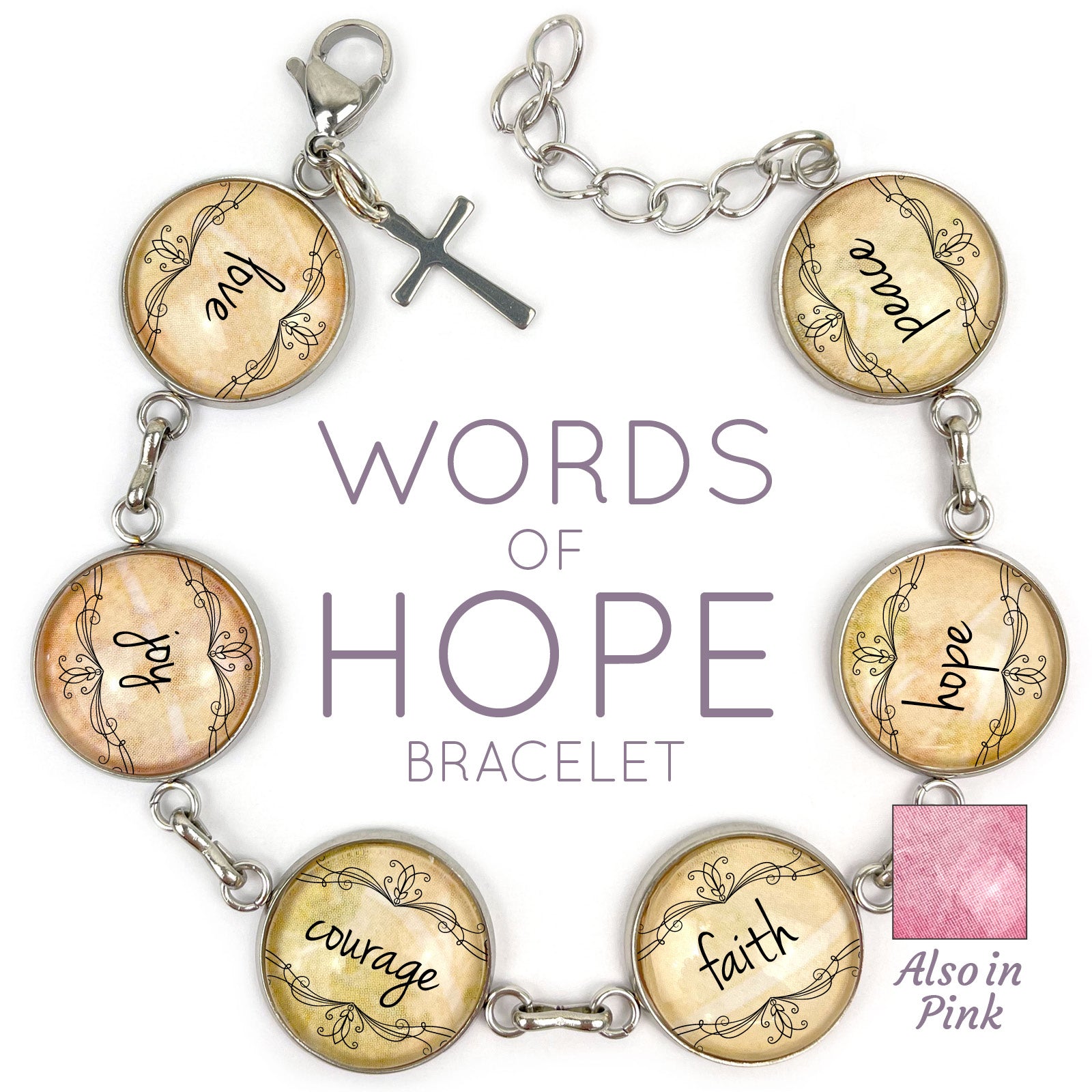 Love, Joy, Courage, Faith, Hope, Peace - Words of Hope Glass Charm - Bracelets - Bijou Her -  -  - 