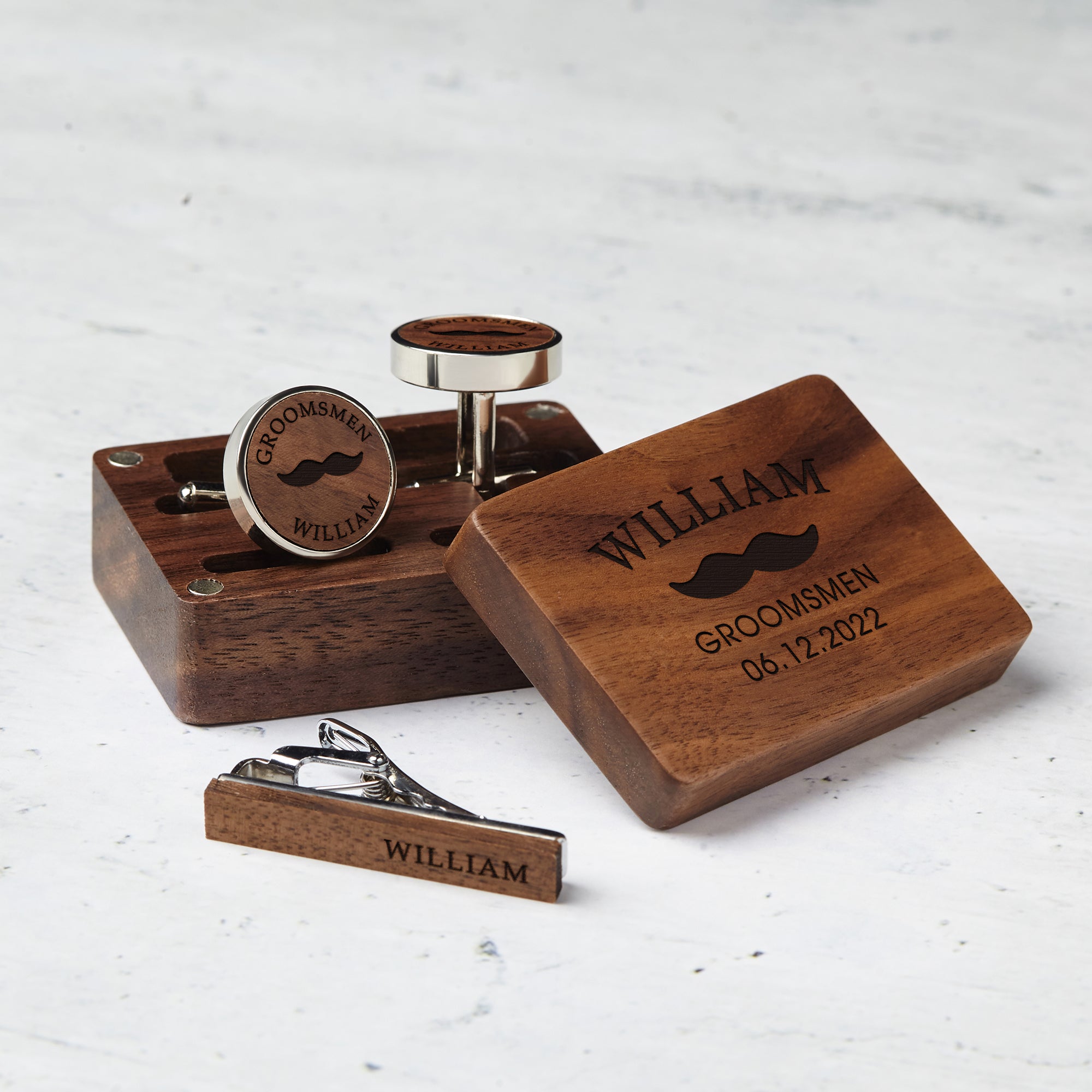 Personalized Wood Cufflinks and Tie Clip Set for Groomsmen Gifts - Custom Engraved Box Included - Cufflinks - Bijou Her -  -  - 