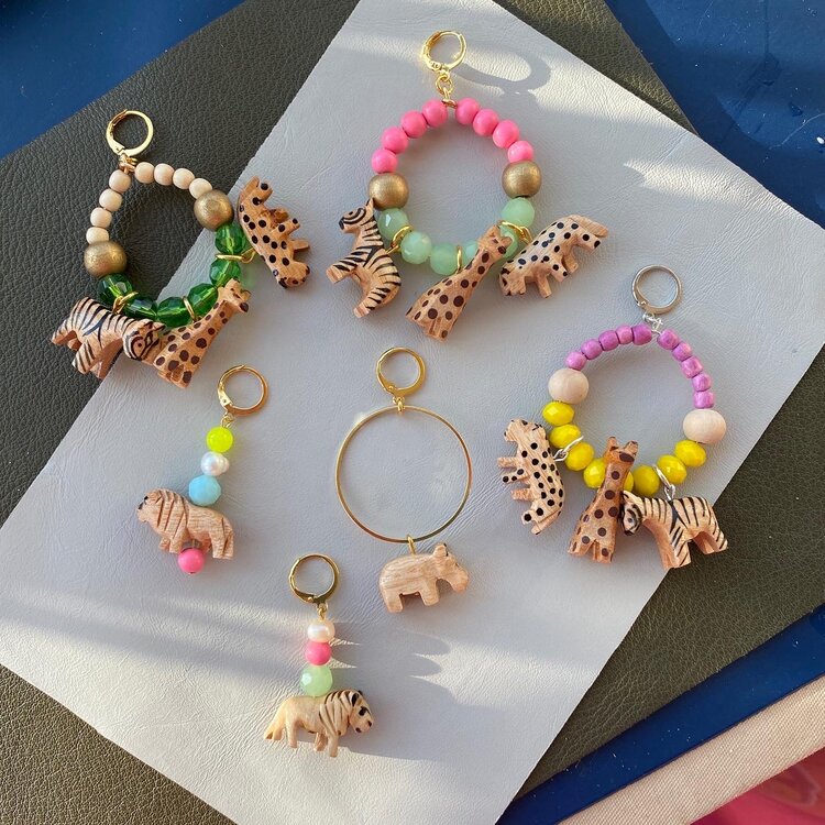 Safari Charm Handmade Earrings - Playful Animal Charms with Glass and Wood Beads - Earrings - Bijou Her -  -  - 
