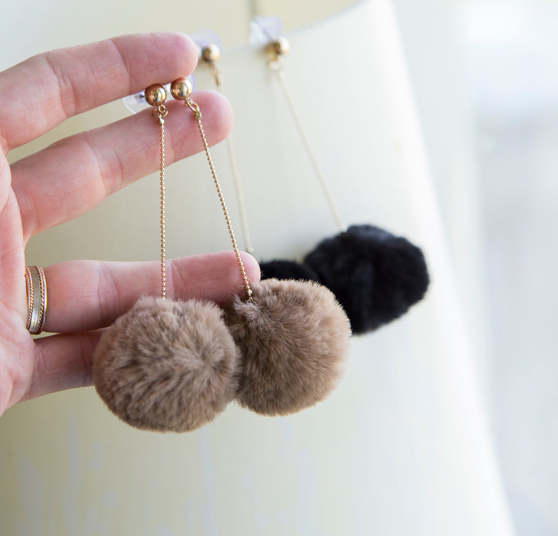 Soft Pompom Boho Earrings - Gold Plated Studs, Delicate Design, 9cm Long, 30mm Diameter Pompoms, Worldwide Shipping - Earrings - Bijou Her -  -  - 