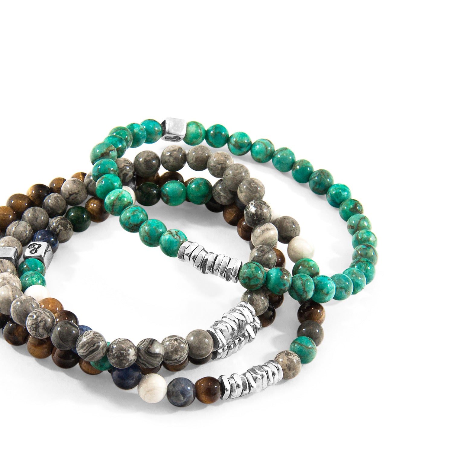 Multicoloured Multi-Gem Silver Beaded Bracelet with Elastic Nylon Thread - Jewelry & Watches - Bijou Her -  -  - 