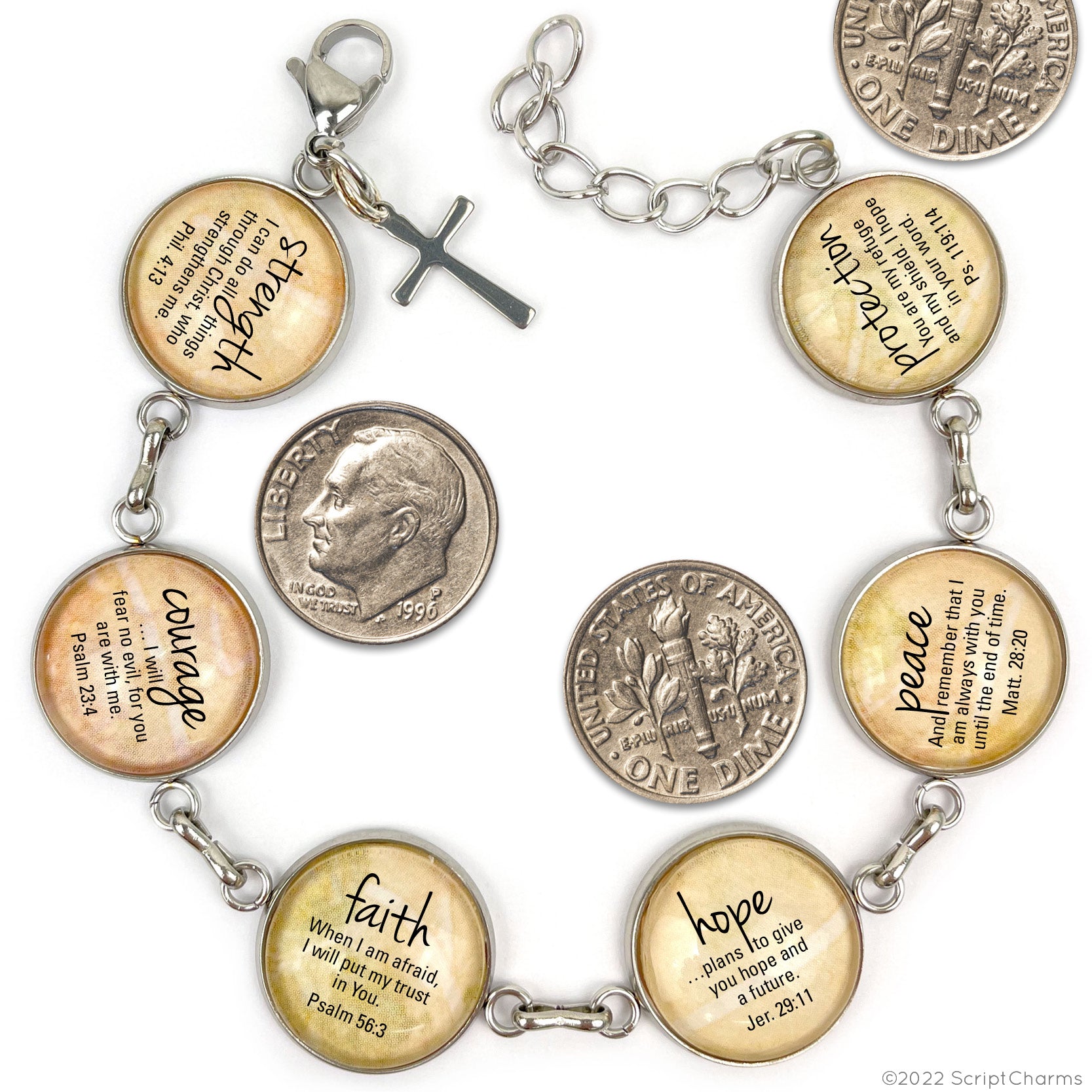 Scripture Charm Bracelet - Words of Hope & Encouragement, Strength, Courage, Faith, Hope - Handcrafted with Glass Charms and Dangling Charm Options - Bracelets - Bijou Her -  -  - 
