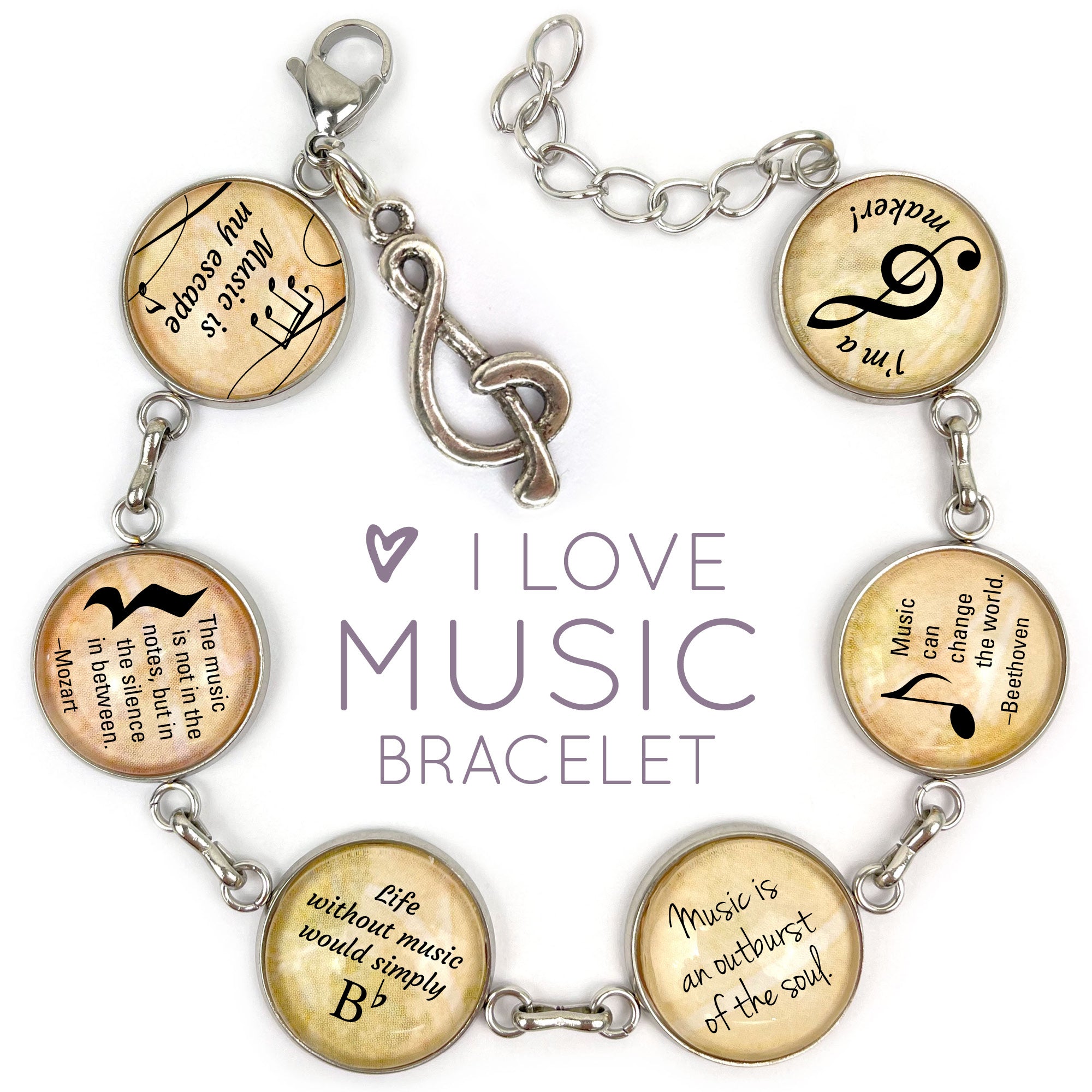I Love Music - Glass Charm Stainless Steel Bracelet with Dangling - Bracelets - Bijou Her -  -  - 