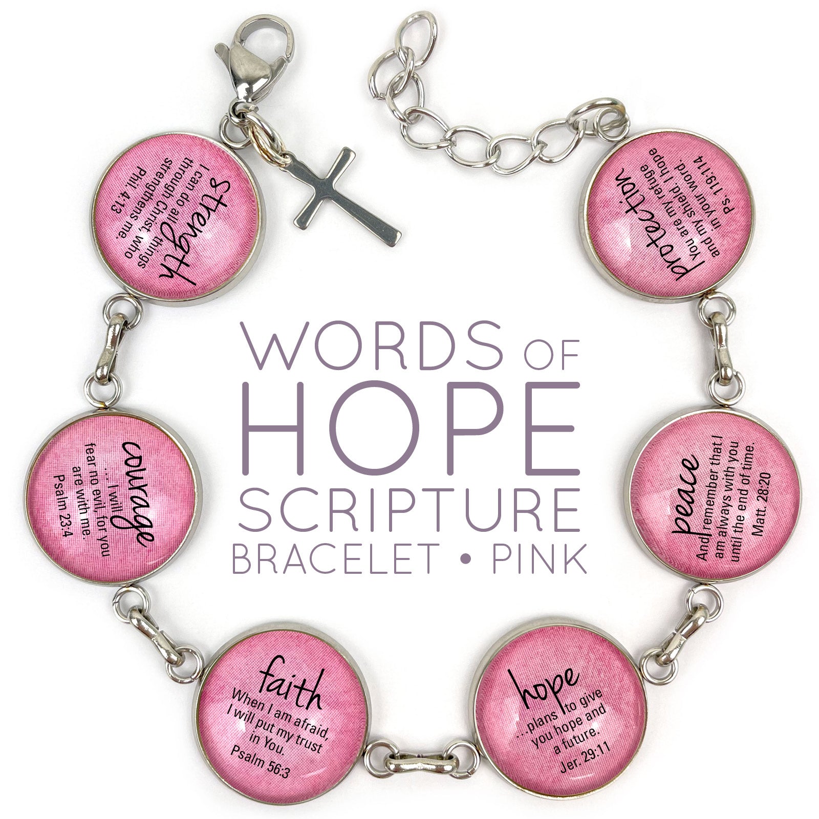 Scripture Charm Bracelet - Words of Hope & Encouragement, Strength, Courage, Faith, Hope - Handcrafted with Glass Charms and Dangling Charm Options - Bracelets - Bijou Her -  -  - 