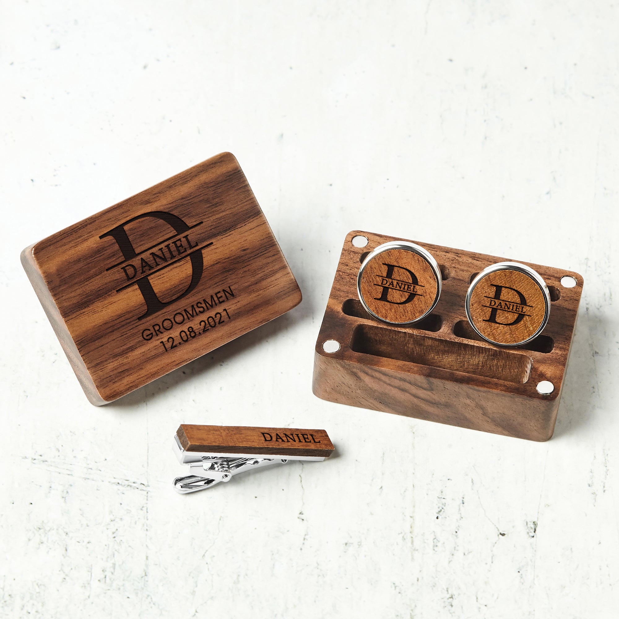 Personalized Wood Cufflinks and Tie Clip Set for Groomsmen Gifts - Custom Engraved Box Included - Cufflinks - Bijou Her -  -  - 