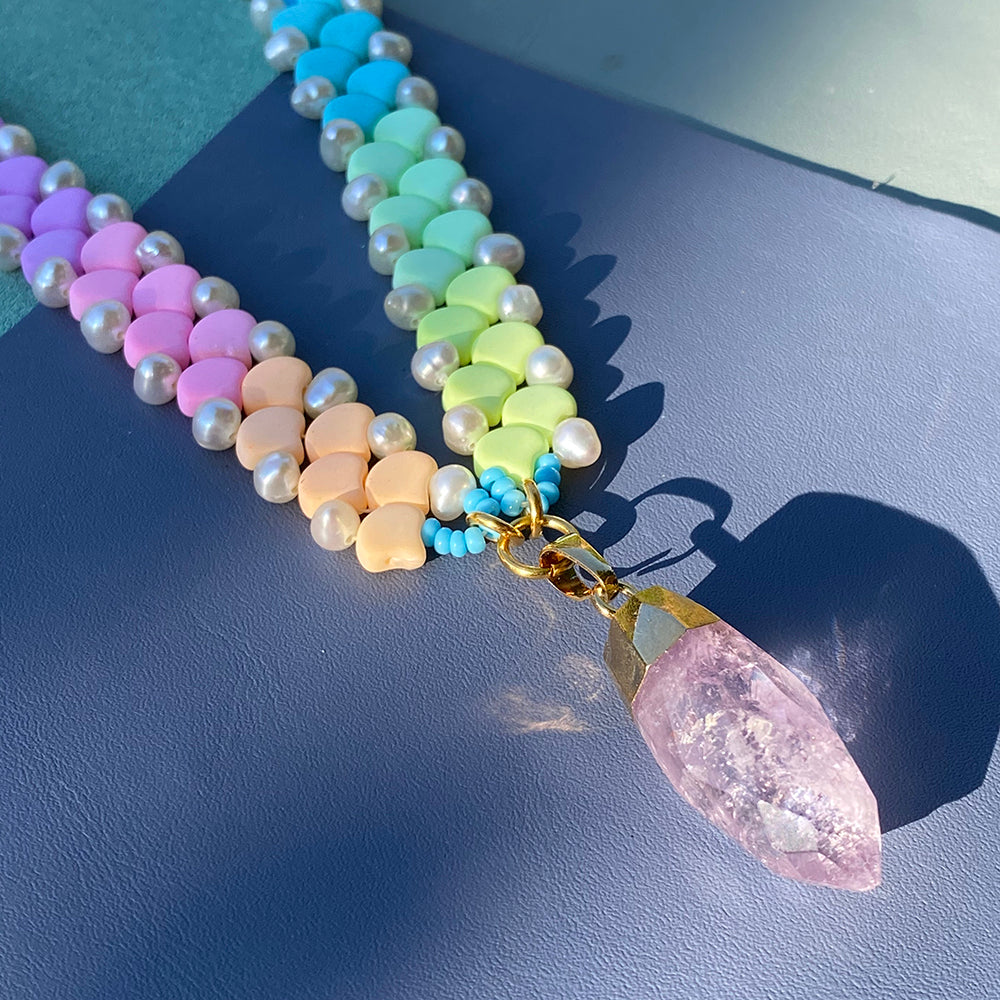 Pastel Rainbow Amethyst Pendant Necklace - Hand-Beaded with Freshwater Pearls and 24K Gold Plated Chain, Length 45cm. Properties of Amethyst Include Stress Relief and Inner Peace. - Necklaces - Bijou Her -  -  - 