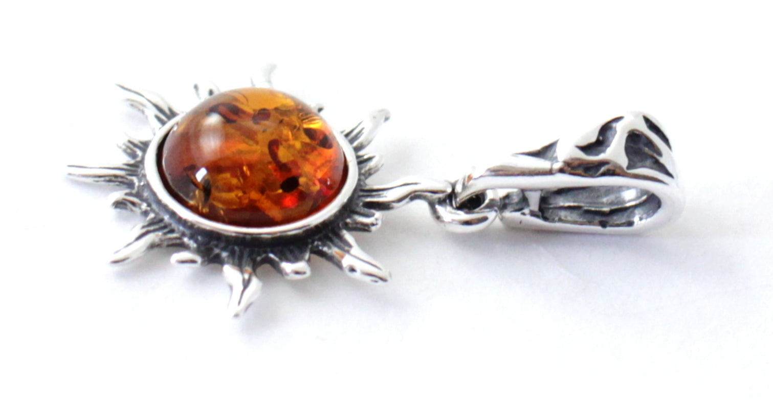 Sterling Silver Sun Pendant with Green or Cognac Amber - 1.5cm Width - Pendants, Stones & Charms - Bijou Her -  -  - 