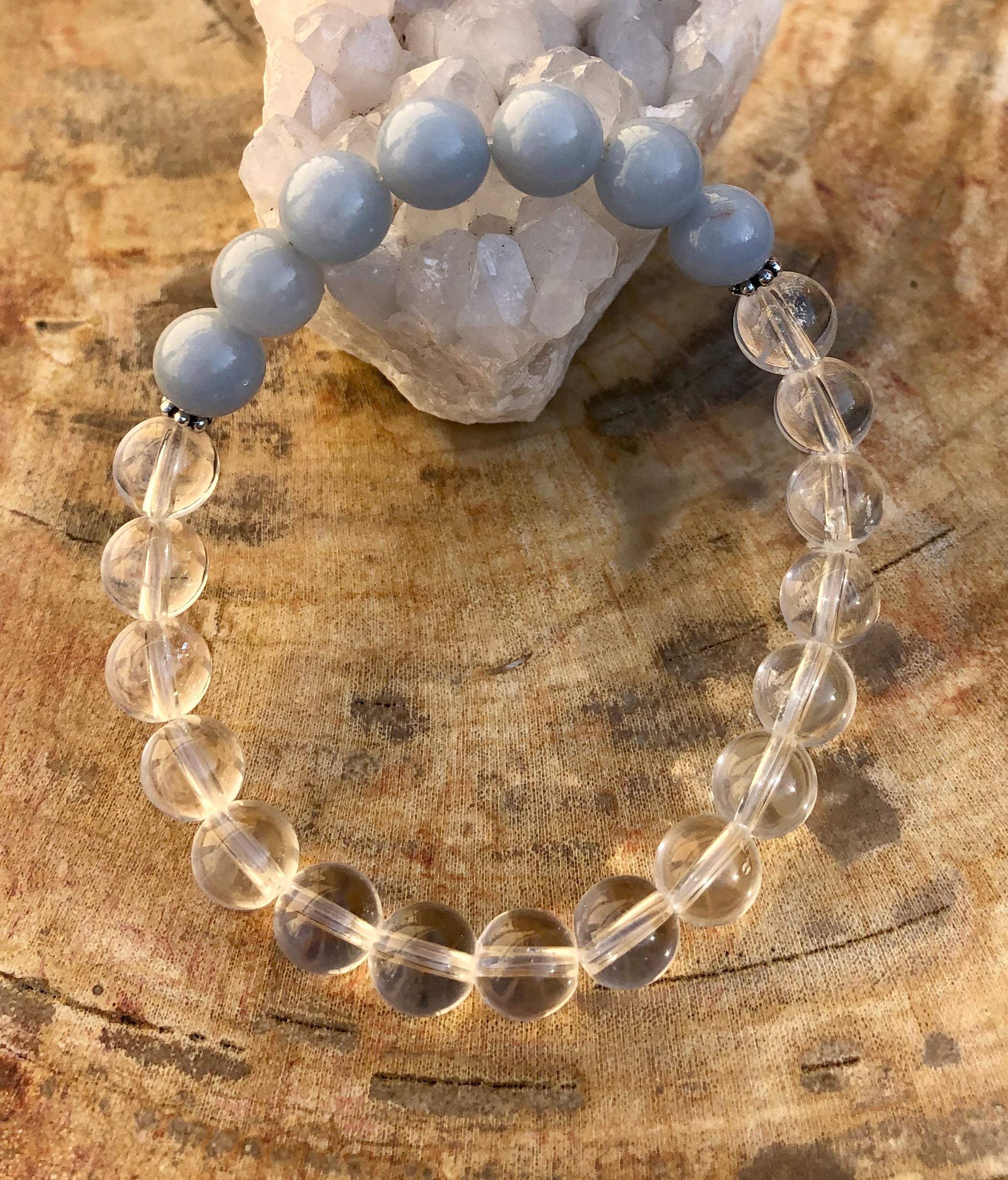 Spiritually Energizing Angelite Celestite & Crystal Quartz Bracelet - Handmade in USA with Premium Gemstones for Chakras - Bracelets - Bijou Her -  -  - 