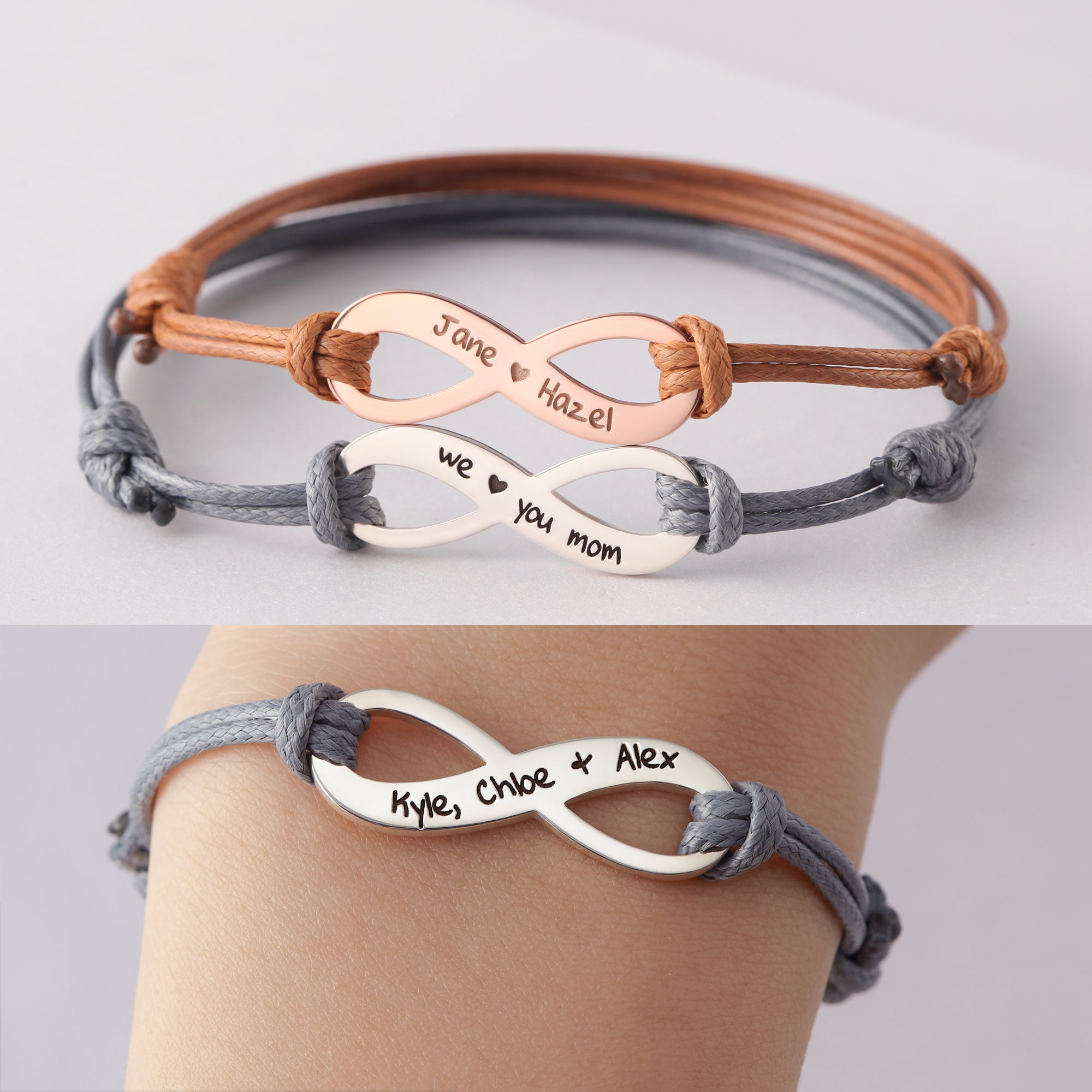 Personalized Infinity Leather Bracelet for Mom with Kids' Names and Message - 925 Sterling Silver and 18K Gold Plated Gift for Mother's Day and Special Occasions - Bracelets - Bijou Her -  -  - 