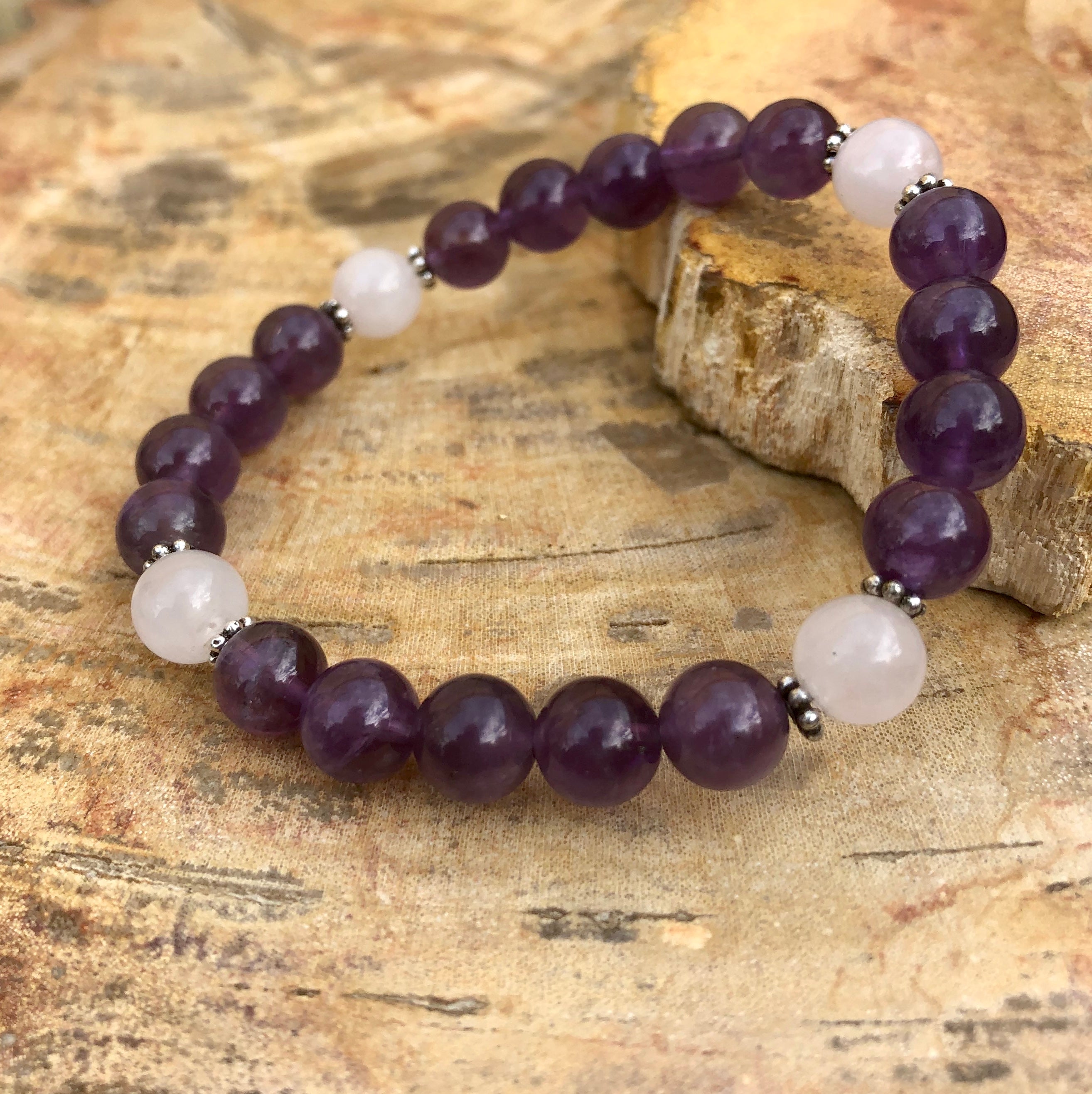 Natural Amethyst & Rose Quartz Stretch Bracelet for Healing and Calmness - Handmade in USA with Hypoallergenic Components - Bracelets - Bijou Her -  -  - 