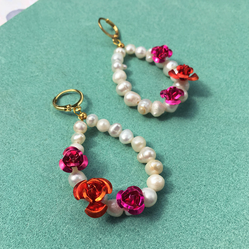 Rose Pearl Earrings and Necklace Set - Celebrity Style with Playful Metallic Roses - Necklaces - Bijou Her -  -  - 