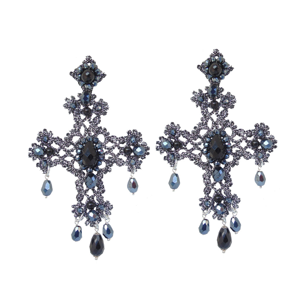 Handmade Tatting Lace Earrings with Black Crystals and Onyx Stones - Earrings - Bijou Her -  -  - 