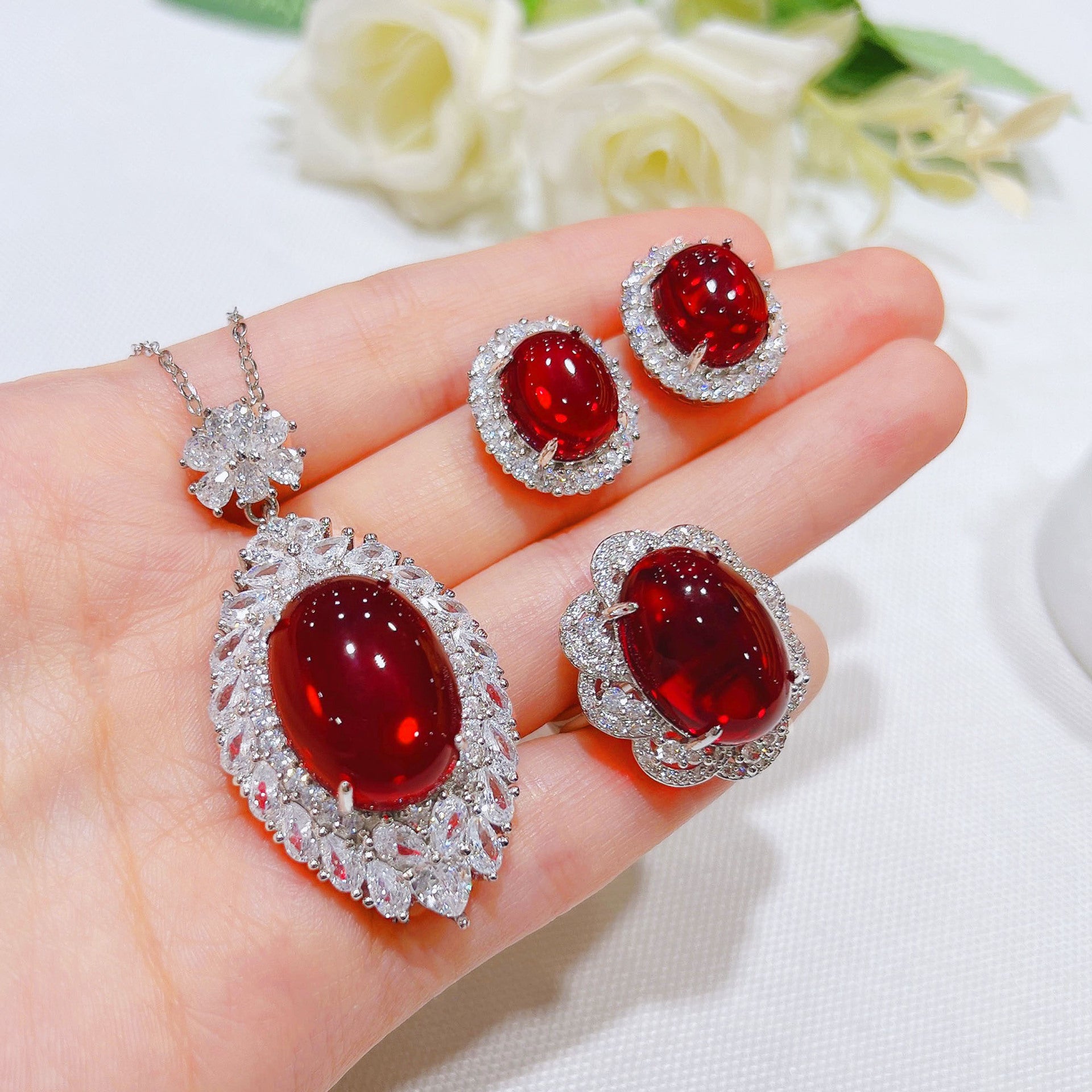 Women's Fashion Glossy Simulated Pigeon Blood Ruby Set - 0 - Bijou Her -  -  - 