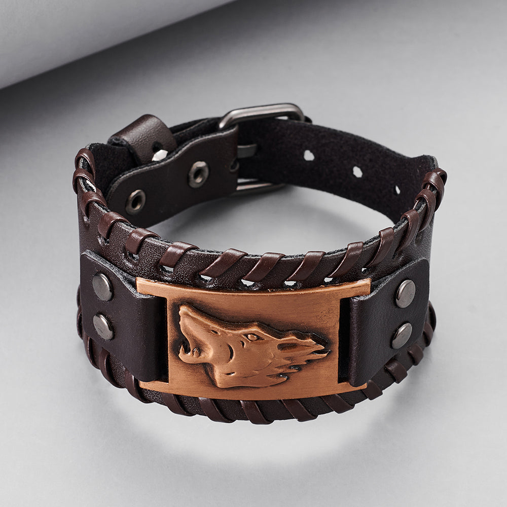 Toten Design Nordic Viking Odin Bracelet Genuine Leather Wolf Head Bracelet For Men Animal Bracelet - 4 - Bijou Her -  -  - 