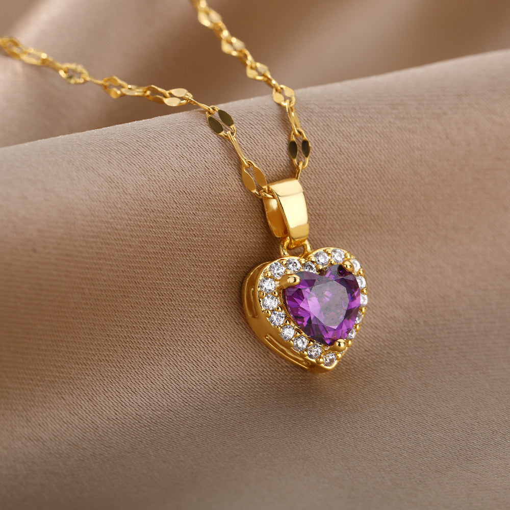 Heart Of Europe And America Ocean Necklace Heart Purple Zircon Pendant Heart Collar Chain - 0 - Bijou Her -  -  - 