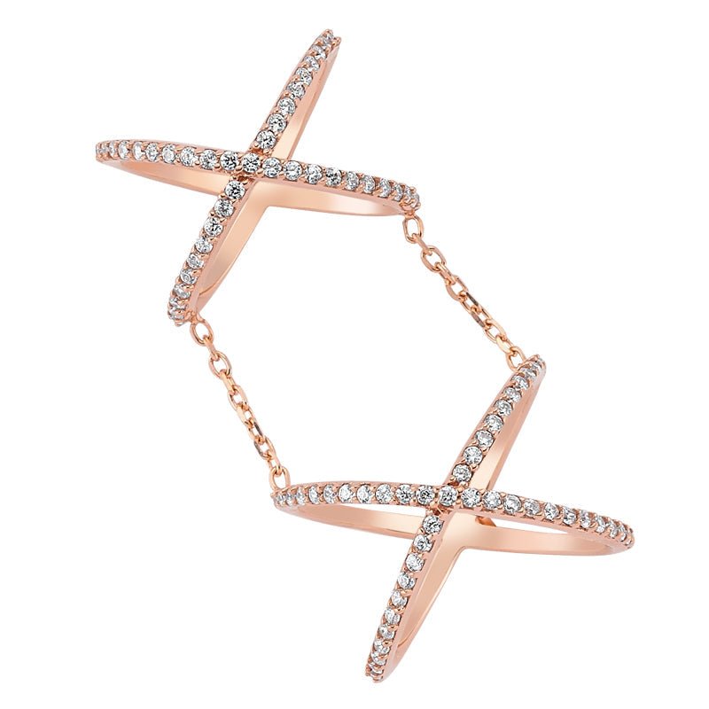 Handmade Double Band Stacked X Ring with Clear CZ Crystals in 925 Sterling Silver and 18k Rose Gold Plating - Jewelry & Watches - Bijou Her -  -  - 