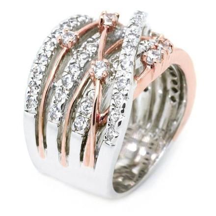 Zinc Alloy Crystal Crossover Ring - Silver/Rose Gold Mix - Sizes 5-12 - Rings - Bijou Her -  -  - 