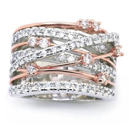 Zinc Alloy Crystal Crossover Ring - Silver/Rose Gold Mix - Sizes 5-12 - Rings - Bijou Her -  -  - 