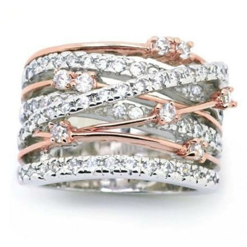 Zinc Alloy Crystal Crossover Ring - Silver/Rose Gold Mix - Sizes 5-12 - Rings - Bijou Her - Size - Color - 