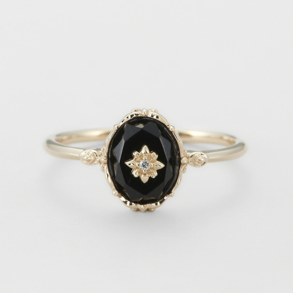 Natural Black Agate Flower Cut Ring - 0 - Bijou Her -  -  - 