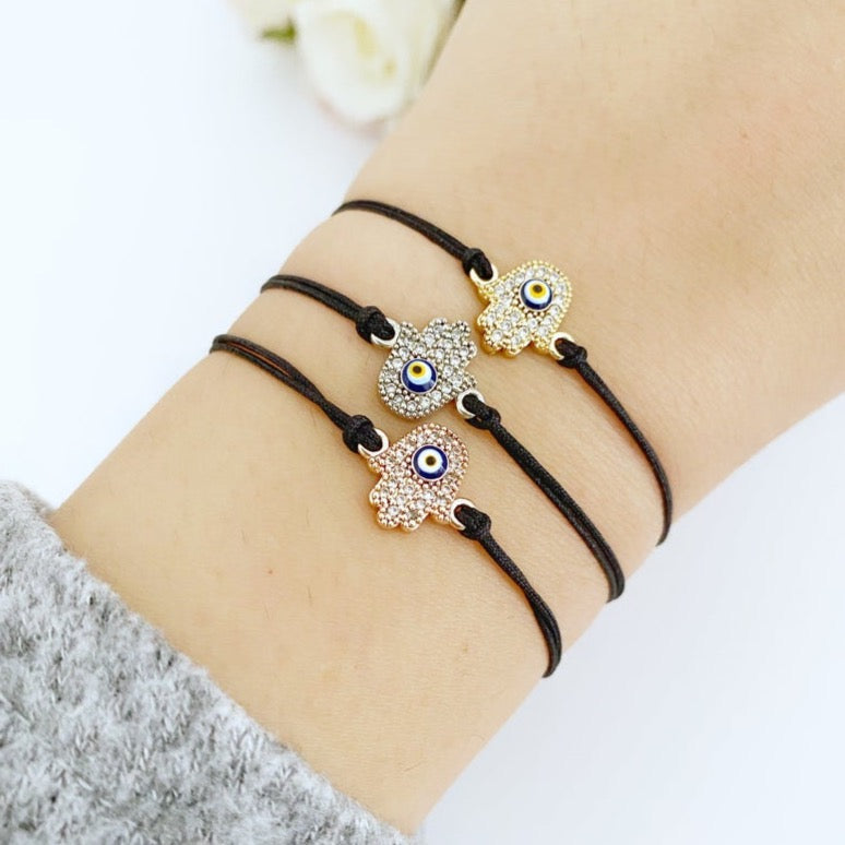 Handmade Hamsa Evil Eye Bracelet with Adjustable Black String - Greek Style Stainless Steel Jewelry - Jewelry & Watches - Bijou Her -  -  - 