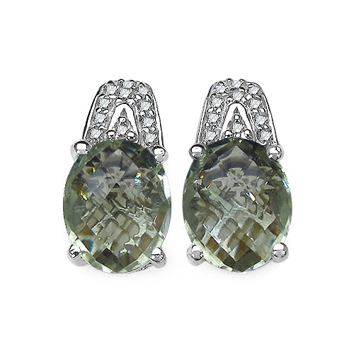 Green Amethyst and Diamond Stud Earrings, 5.25 ct Genuine Amethyst, 0.15 ct Genuine Diamond, .925 Sterling Silver - Jewelry & Watches - Bijou Her -  -  - 