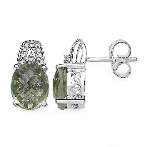 Green Amethyst and Diamond Stud Earrings, 5.25 ct Genuine Amethyst, 0.15 ct Genuine Diamond, .925 Sterling Silver - Jewelry & Watches - Bijou Her -  -  - 