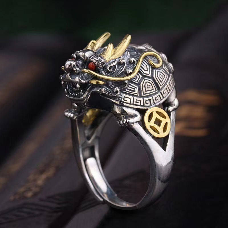 Men's Vintage Open Sculpture Dragon Turtle Ring - 0 - Bijou Her -  -  - 