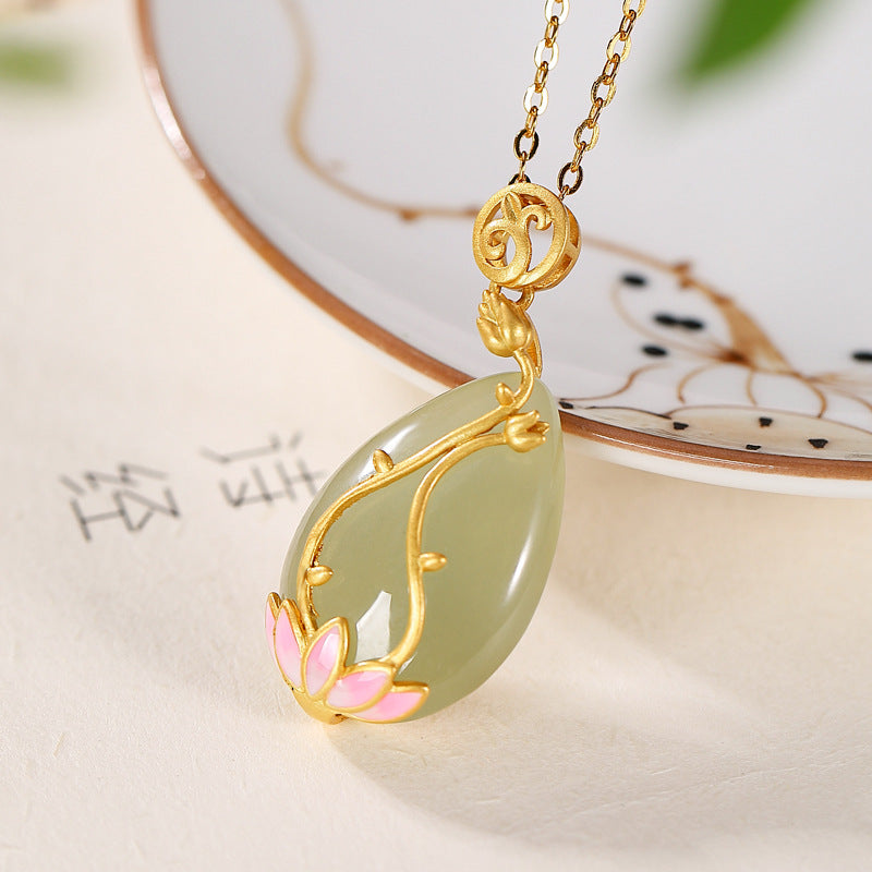 S925 Pure Silver Gold-plated Natural Hotan Jade Sapphire Pendant - 0 - Bijou Her -  -  - 