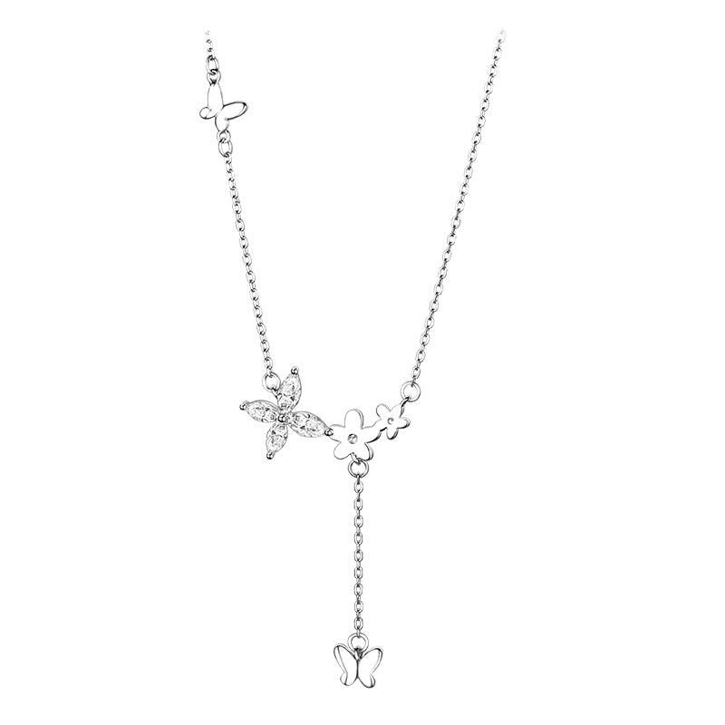 S925 Sterling Silver Tassel Diamond Butterfly Necklace - 0 - Bijou Her - Color -  - 