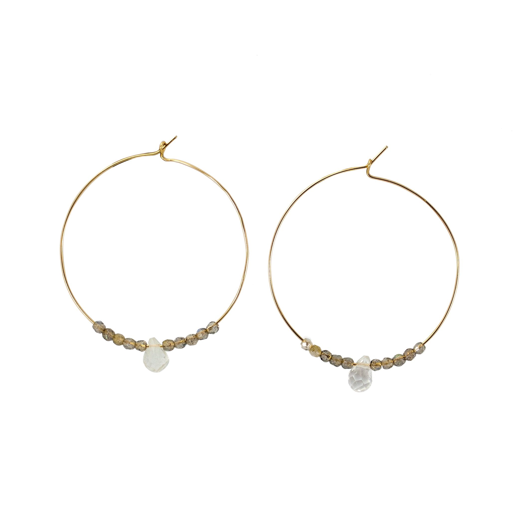 Labradorite & Quartz Beaded Hoop Earrings in 14k Gold Fill - 1.5" Diameter - Jewelry & Watches - Bijou Her -  -  - 