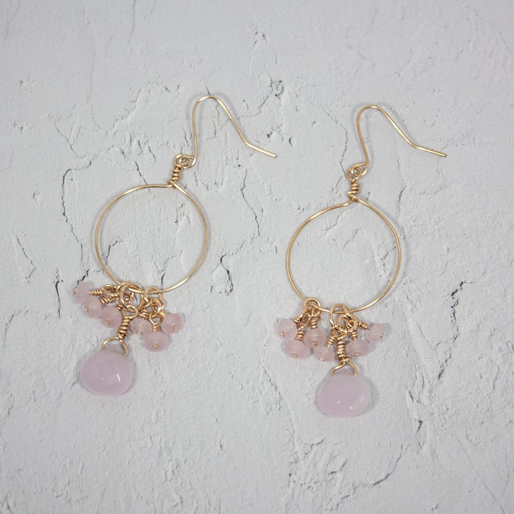 Pink Chalcedony and Jade Cluster Hoop Earrings - Feminine and Delicate Drop Earrings - Jewelry & Watches - Bijou Her -  -  - 