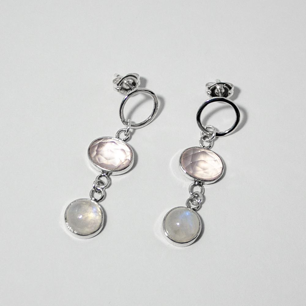 Rose Quartz and Rainbow Moonstone Open Circle Post Earrings in Sterling Silver - Jewelry & Watches - Bijou Her -  -  - 