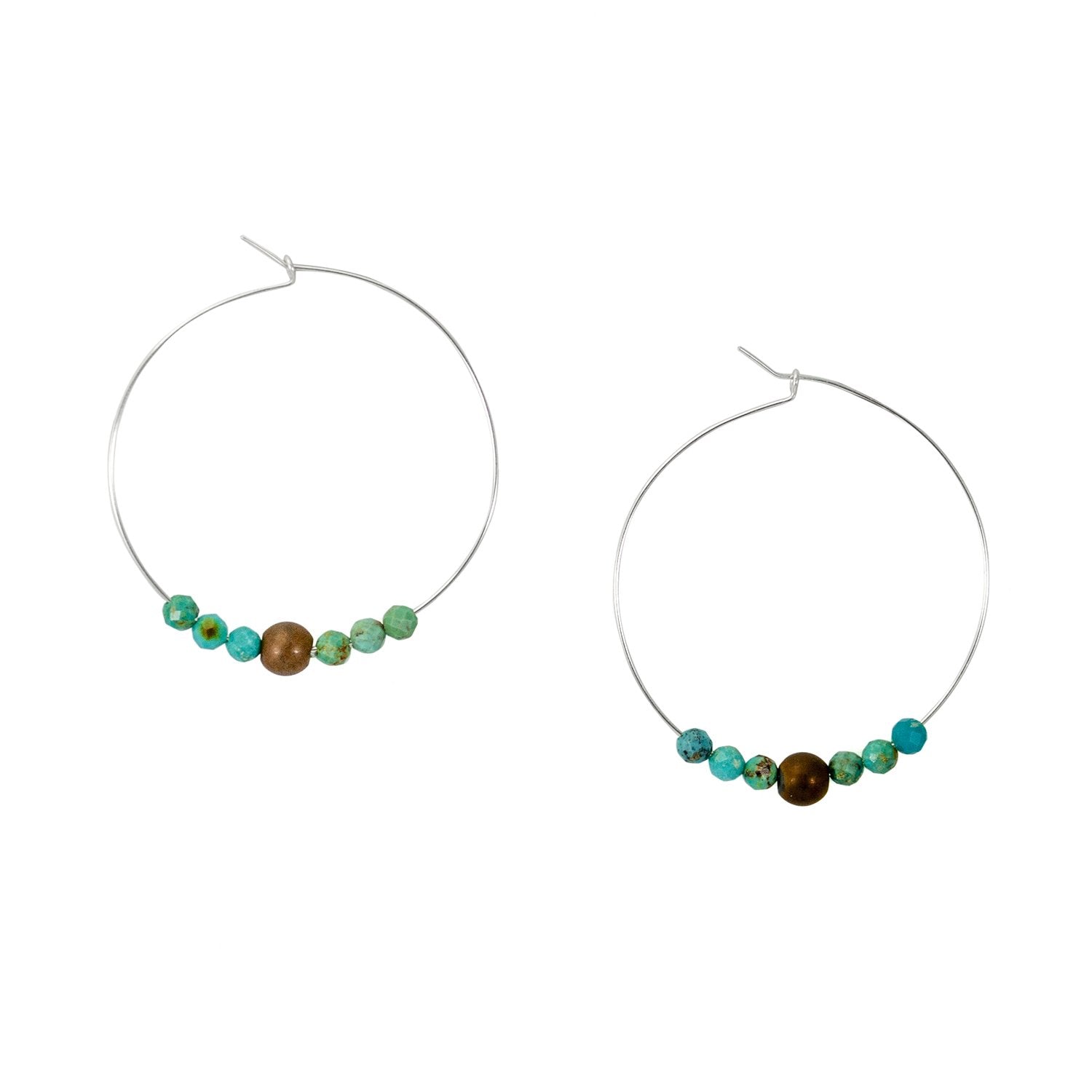 Turquoise and Hematite Sterling Silver Hoop Earrings - Genuine Gemstones, 1.5" Diameter - Jewelry & Watches - Bijou Her -  -  - 